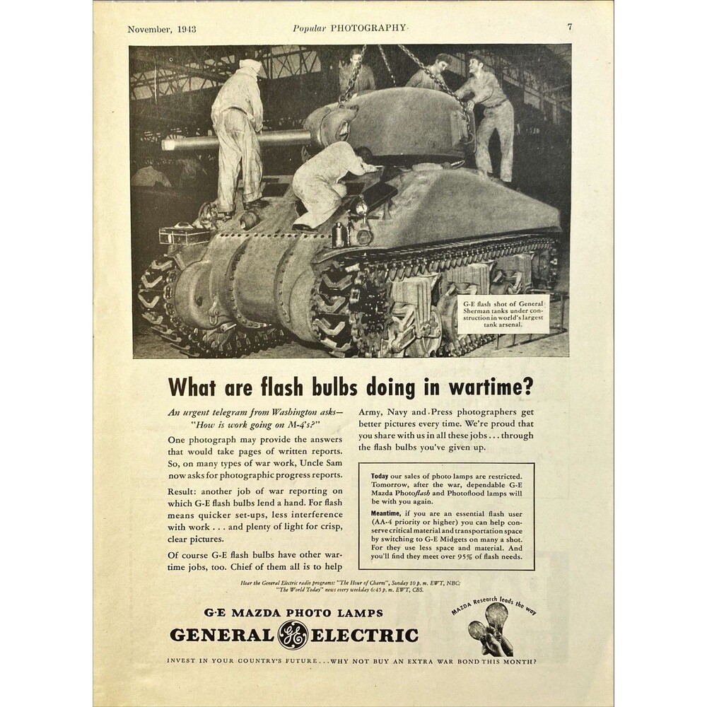 General Electric Mazda Photo Lamps "GE Flash Shot of General Sherman Tank"Ad '43